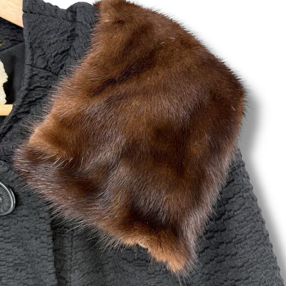 Vintage Young Quinlan Black Textured Wool Coat Brown Mink Fur Collar Size Large - Picture 4 of 8
